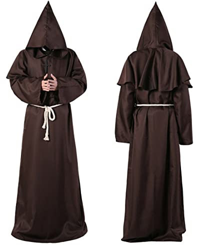 Wishstar Mönch Robe, L Mittelalterliche Renaissance Robe, Kostüm Mönch mit Kapuze und Kordel, Braun Männer Prister Gewand Kostüm mit Kreuz für Mottoparty Halloween Cosplay Karneval und Fasching