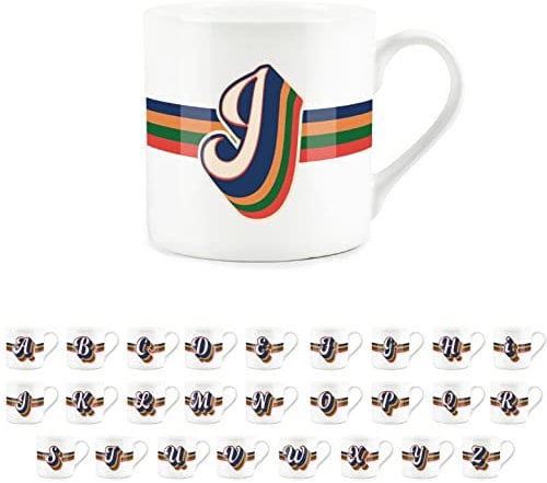 Purely Home Retro Alphabet Letter J Mug - Bone China White Coffee Tea Present Personalised Initial Gift