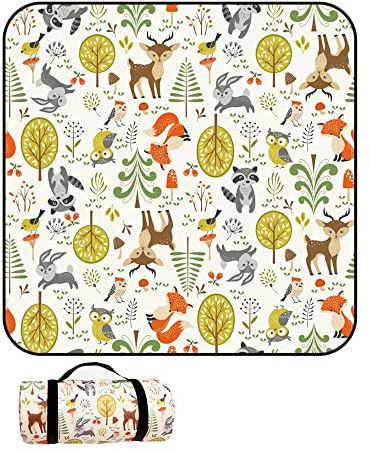 DOTBUY-SHOP Coperta da Picnic Impermeabile Portatile, Antisabbia Coperta da Campeggio Grande Pieghevole Leggero Bambini Come Tappeto da Gioco per Spiaggia Giardino (Bosco Animale,200x200cm)