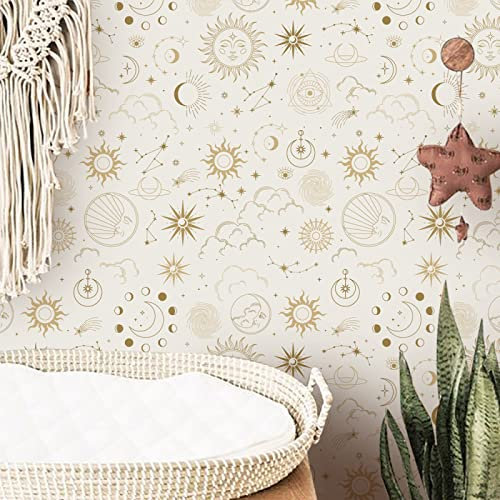 Self Adhesive Wallpaper Beige Moon Sun Peel and Stick Wallpaper Non Woven Bathroom Wallpaper Bedroom Sticky Back Plastic Kitchen Brick Wallpaper Art Deco Wallpaper 40x250cm