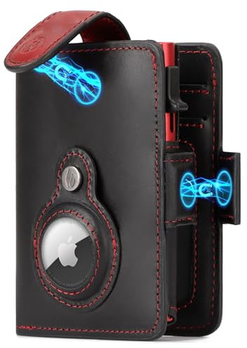 Will Fire® Smart Wallet Herren mit Airtag-Fach & Photokapsel | Inkl. Airtag Anhänger | Echtleder Airtag Wallet mit Münzfach & Scheinfach | RFID Schutz | Bis zu 12 Karten | [Schwarz-Rot, Glattleder]