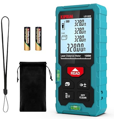 High Accuracy Laser Distance Meter 328ft/100m Kiprim LD100E Laser Measurement tool with Larger Backlit LCD,2 Bubble Levels,M/in/Ft Unit Switching and Pythagorean Mode for indoor or outdoor Use