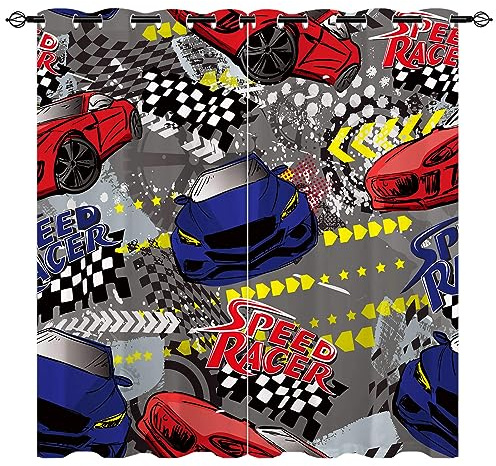 YUANZU Rennwagen Vorhänge Kinder Red und Blue Sportcar Ösen Gardinen mit Blickdichte Vorhang Kälteschutz Blackout Curtain Kinderzimmer Schlafzimmer Verdunkelung Fenster, 2 Stück, H 220 x B 140 cm