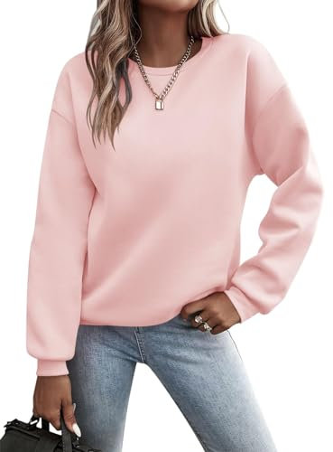 Minetom Pullover Damen Sweatshirt Einfarbige Langarm Rundhals Pulli Herbst Winter Frauen Locker Casual Oberteil Sport Streetwear Sweatshirts ohne Kapuze LangarmshirtB RosaXL