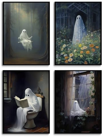 4 Stück Vintage Geist Wandkunst - Dunkle Wald Gemälde, Gothic Gruselige Lustige Wohnkultur, College Poster, Retro Floral Wodkodnxy Niedlicher Geist