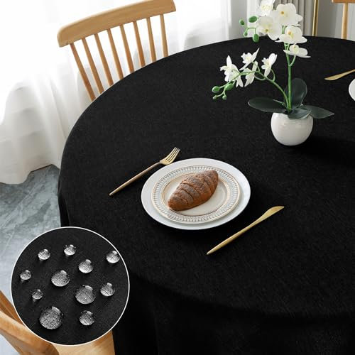 AooHome Tischdecke Rund Φ140cm, Schwarz Leinen-Optik Tischdecken Abwaschbar Tischtuch aus Polyester Wasserabweisend mit Lotuseffekt, Dauerhaft Kratzfest für Wohnzimmer, Esszimmer, Balkon, Garten
