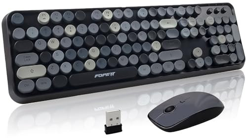 FOPETT Wireless Keyboard and Mouse Combo - 2.4G Full-Sized Cute Colorful Retro Keyboard with Round Keycaps, 104 Keys, Grey Colorful