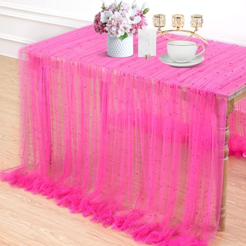 LuoluoHouse Perlen-Tischläufer, Hochzeitsdekorationen: 3 Stück, 3 m, Hot Pink, Tischdecke, Dekoration, Tüll, Spitze, Stoff für Brautschleier, Hochzeitsbogen, Party, Herzausschnitt, Tischdekoration,