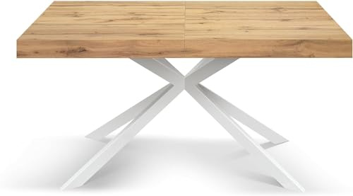 Mar.ca. Design - Ausziehbarer moderner Esstisch für bis zu 10 Plätze mit rechteckiger Platte aus Melaminholz und gekreuzten Beinen aus Eisen, hergestellt in Italien (Eiche und Weiß, 160 x 90 x 74)
