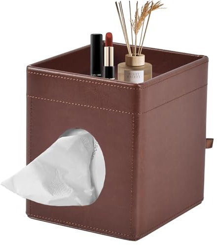 XNONE Porta Fazzoletti Quadrato,PU Pelle Scrivania Organizer per Fazzoletti per il Viso,con Vassoio Portaoggetti per Bagno,Camera da Letto,Ufficio,Auto,Elegante Controsoffitti Organizer,Braun