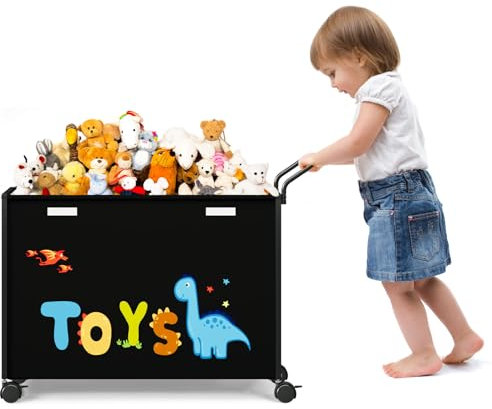 BBLIKE Toy Box with Lids on Wheels - Large Toy Storage Boxes with Push Handle Cartoon Kids Toy Organizer Fabric Toy Chest for Boys, Girls, Clothes, Books, Nursery (Black)