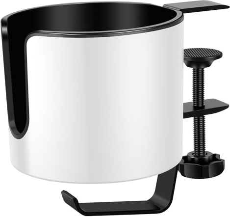 Adjustable Drink Cup Holder with Headphone Hanger, Home Office Table Desk Side Huge Cup Clip,Nonslip Tableside Cup Holder Gaming Desk Accessories for Coffee Mugs Water Cups Headphone(white)