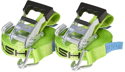 2er-Set ERGOLASH Spanngurte, 6 Meter (6m lang), 35mm breit, Zugkraft LC 1.000 daN, STF 200 daN, Zweiteilige Zurrgurte, Ratschenspanngurte mit Haken in Neon-Grün, gefertigt nach DIN EN 12195-2