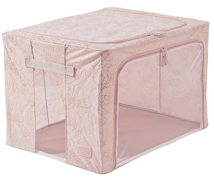 Periea ‘Beau’ Folding Collapsible Stackable Fabric Home Storage Boxes with Steel Frames (Metallic Floral Blush, Large)