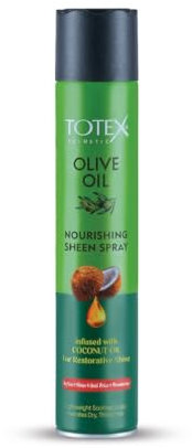 Totex Olive Oil Sheen Spray 400ml – Nourishing Hair Spray with Coconut Oil for Restorative Shine, Anti Frizz, Moisturising & Soothing Care for Dry, Thirsty, Curly & Textured Hair