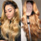 Weeybay Echthaar Perücke für Damen Perücken Body Wave Human Hair Wig 4X4 Lace Closure Wig Ombre Black to Blonde 150% Density Unprocessed Brazilian Remy Hair Glueless Wig 18 Zoll