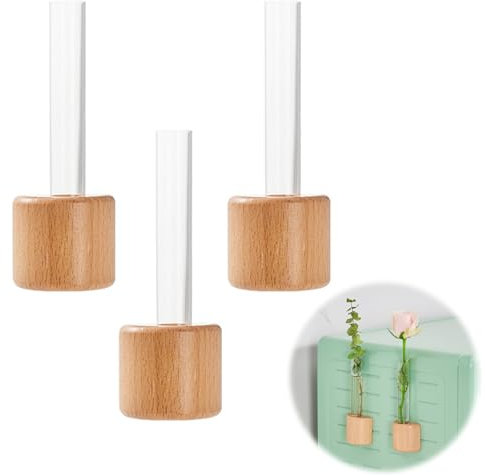 Xafrstyu 3er Set Blumenvasen Kühlschrankmagnete, Magnetische Blumentöpfe für Kühlschranktüren, Holz- und Glas 3D Deko für Küche (3)