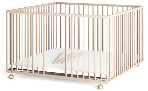 Sämann Laufstall Baby mit Matratze Cloud Air und Schlupfsprossen | TÜV geprüft | stufenlos höhenverstellbar | Laufgitter Premium | Babybett aus Holz | Krabbelgitter (natur, 120x120 cm)