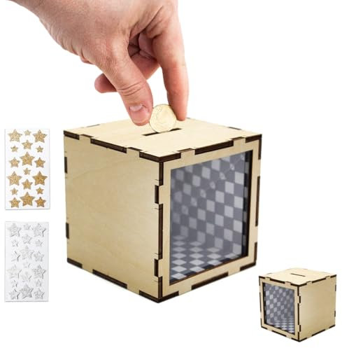 IKOPFLN DIY Magische Spardose Holz mit einzigartigen Mechanismen und optischen Täuschungen - Retro Design Sparschwein, das Kinder durch Spaß und Kreativität zum Sparen inspiriert