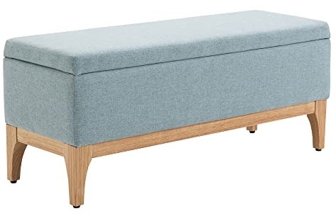 HOMCOM Baúl Puff de Almacenaje 72L Tapizado en Lino Banco de Almacenaje con Patas de Madera y Almohadillas Ajustables para Dormitorio, Entrada, Salón 110x39x45 cm Verde Claro