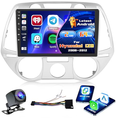 Inefala Radio para Hyundai i20 2008-2012 Android 15 2+64G con Wireless Carplay y Android Auto, 9'' Pantalla Táctil Estéreo Radio con Bluetooth 26UI EQ GPS FM/RDS SWC AHD Cámara Inversa