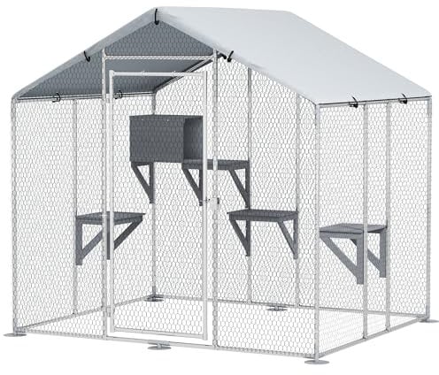 PawHut Jaula para Gatos con Cubierta Impermeable 420D Plataformas y Condominio para 5 Gatos Refugio para Pollos Conejos 200x170x195 cm Plata