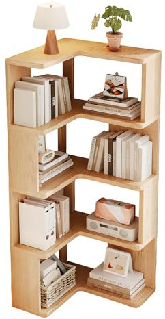 JFOZDM 4 Etagen Eckregal Stehend, Bücherregal Holz, Eckschrank Wohnzimmer, Bücherregal Ecke, Platz Sparen/Präsentation, für Arbeitszimmer, Schlafzimmer, Büro, Holzfarbe