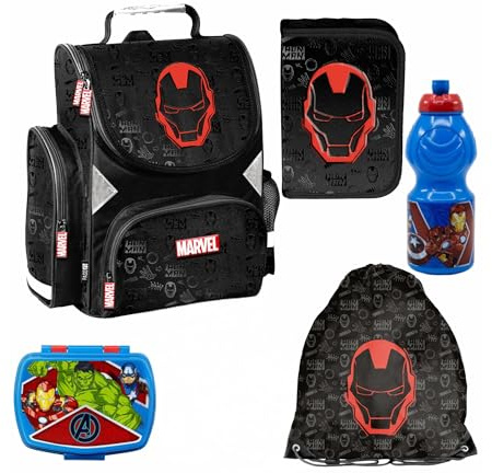 PASO - Schulranzen für Jungen, 5er-Set - Schul-Rucksack für Kinder mit Federmäppchen - Schuhbeutel Brotdose und Trinkflasche - Avengers Motiv - 1-3 Klasse