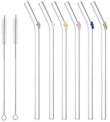 LUMOOM 6 Stück Glasstrohhalme mit Motiv, Strohhalme Glas Lang, Wiederverwendbare Trinkhalme, mit 2 Reinigungsbürsten, für Cocktails, Smoothie, Kaffee (Blumen)