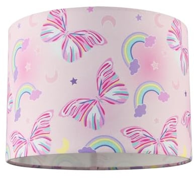 Feminine and Cute Pink Lamp Shade with Colourful Butterflies and Rainbows | 25cm x 18cm | Features Inner White Cotton Fabric Lining by Happy Homewares