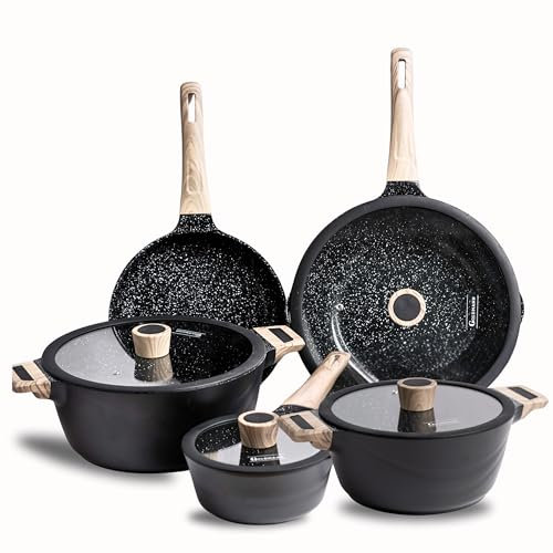 GOLDMANN Batterie de cuisine 9 pièces – Fonte d'aluminium avec revêtement antiadhésif en céramique – Compatible induction, tous types de feux, avec couvercle en verre, cuisson sans graisse, résistant