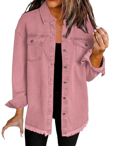 Uwdiohq Veste en Jean Femme, Veste en Jean Denim Unie pour Femme Surdimensionnée Boutonnée, Ourlet Effiloché, Manches Longues avec Poches