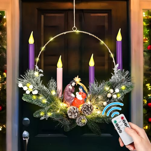Chunful 1 Set 20 Inch Christmas Advent Wreath with Flameless Candles 1 Advent Wreath Candle Holder with Nativity Scene Figurine for Front Door 4 Flameless LED Candles Remote Control for Holiday Xmas