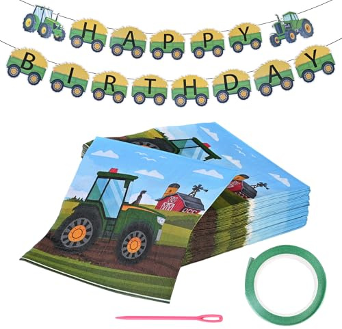 Grüner Traktor Servietten Kindergeburtstag Set - 80 Servietten Geburtstag + 15 Deko-Fähnchen mit Band und Nadel für Bauernhof Party Deko