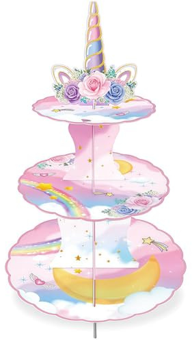 BUXIUGAN 3-Tier Unicorn Cupcake Stand Party Decorations | Rainbow Unicorn Birthday Cupcake Stand Dessert Tower for Girls and Kids - Fits 48 Cupcakes Pink Table Decorations
