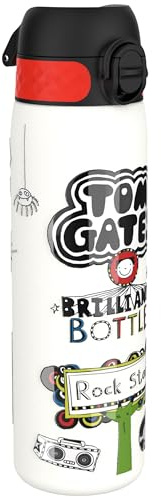 Tom Gates Lightweight Steel Water Bottle, 600 ml/20 oz, Non-Insulated, Leak Proof, Easy to Open, Secure Lock, Dishwasher Safe, Flip Cover, Fits Cup Holders, Carry Handle, Metal Water Bottle, Rockstar