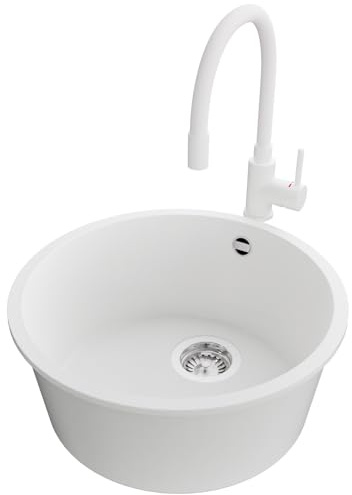 PRIMAGRAN Granitspüle ab 50er Unterschrank + Küchenarmatur, 46x46cm | Set: Küchenarmatur BW6020 + Ablauf-Set (Siphon, Ablaufgarnitur, Überlauf) + Spülbecken 1 Becken - Valetta Slim, Weiß