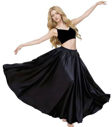 MUNAFIE Damen Lang Satin Rock Bauchtanz Rock Tanzrock Bauchtanz Kostüm für Leistung Karneval Schwarzs