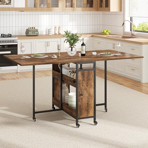 HSH 130cm Mobile Klappbarer Esstisch mit Stauraum Rustikales Braun | Klapptisch Küche für Küche Küchentisch Klappbar mit 2 Regalen und Rollen Mobiler Tish Platzsparender für Wohnzimmer Wohnung