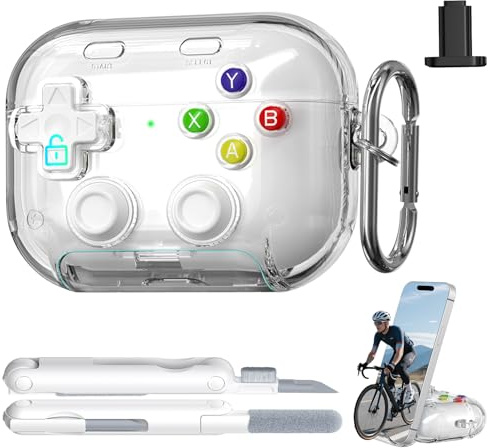 RFUNGUANGO AirPods Pro 3 Hülle, Transparent Gaming Hartschale, Weiß | Transparente stoßfeste Hartschale mit Schloss, Gaming-Druckknopf & Handyständer inkl. Reinigungsset für AirPods Pro 3 (2025)