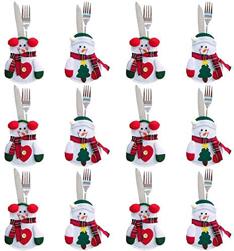 GUDOTRA 12pcs Bolsa para Cubiertos Navidad Cubiertos Tenedores Bolsas para Decoración Navidad Mesa (Monigote de Nieve)
