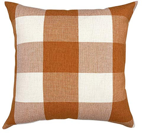 Your Smile Retro-Kissenbezug, Karomuster, Baumwolle, Leinen, quadratisch, dekorativ, für Sofa, 45,7 x 45,7 cm, 2 Stück Single piece,18''x18'' 10 Orange/White