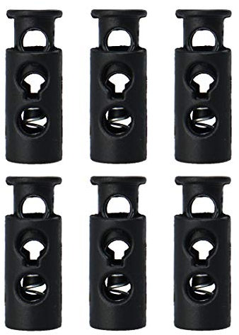 sourcing map 6pcs Plastic Spring Cord Locks, End Stopper Double Hole Toggle Rope Fastener for Drawstrings Clothing, Shoelaces, Bags, Black