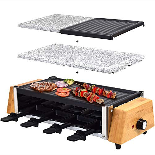 Syntrox Germany RAC-1200WB Murten Appareil à raclette avec 4 plaques de cuisson antiadhésives et plaque en pierre naturelle (pierre chaude) pour 8 personnes Design bois