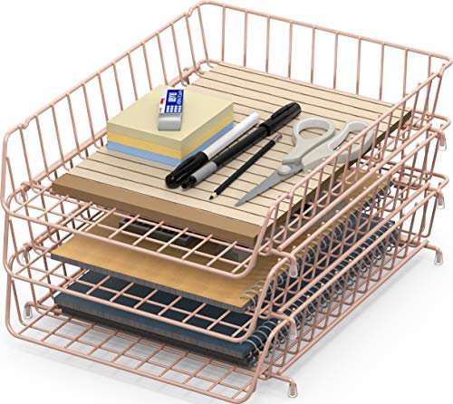 SimpleHouseware Stapelbare Schreibtischablage für Dokumente, Briefablage, Drahtgitter, 3 Packungen, Rosa