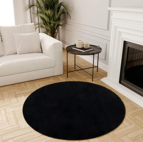 TAPISO Kunstfell Teppich Rund Lammfell Schafffell Fellteppich Fellimitat Schwarz Flauschig Wohnzimmer Schlafzimmer Bettvorleger Modern 100 x 100 cm