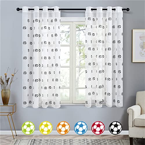 2 Stück Sheer Vorhänge Lässige Vorhang Mit Ösen,Luftig Dekoschal für Wohnzimmer Schlafzimmer Stores Küche - (B132 x H160cm) Schwarz-Weiß-Fußball