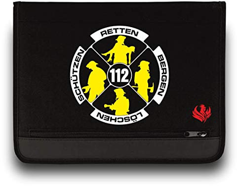 Feuerwehr Schreibmappe / Feuerwehr Logo / Neongelb-Weiss / Roter Hahn 112 / Einsatzorganizer auch für THW Rettungsdienst Notarzt