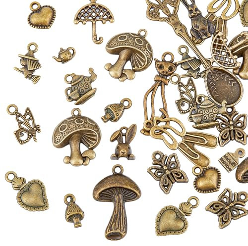 HOBBIESAY 68Pcs 17 Styles Tibetan Style Alloy Charms Alice in Wonderland Fairy Pendant Mixed Metal Pendants Beads Rabbit/Mushroom/Umbrella Antique Bronze for DIY Bracelet Bangle Necklace Earring