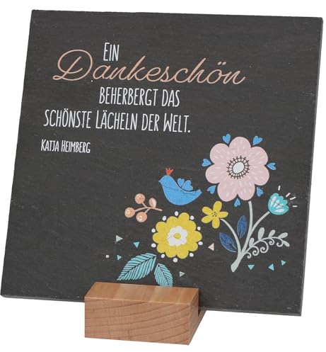Butzon & Bercker Schiefertafel - Ein Dankeschön. Bunt bedruckte Schieferplatte zum Aufstellen mit Dankesworten im Format 12 x 12 cm inkl. Holzsockel. Kleine Aufmerksamkeit für liebe Menschen